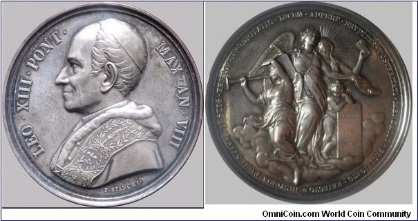 1886 Leo XIII Opening of The Vatican Secret Archives Medal by Francesco Bianchi. Silver: 44MM
Obv: Bust of The Pope facing left. Legend LEO.III.PONT.MAX.AN.VIII. Rev: Allegorical scene featuring four figures, one resting on a tablet which reads HISTORIA LVX VERTATIS (History sheds light on truthfulness). Legend HISTORIA.FVGIENTIVM.TESTIS.TEMPORVM.VERITATIS.LVCEM.ADFERT.ERVDITIE.POSTERITATI.MENDACIO.REIECTO.
