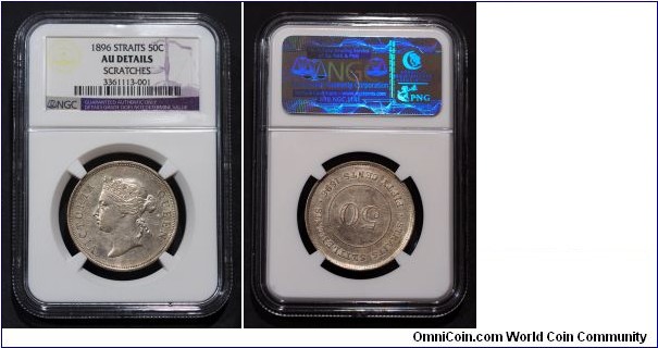 Straits Settlements Q Victoria 50cts Silver. Mintage: 120,000 NGC AU Details