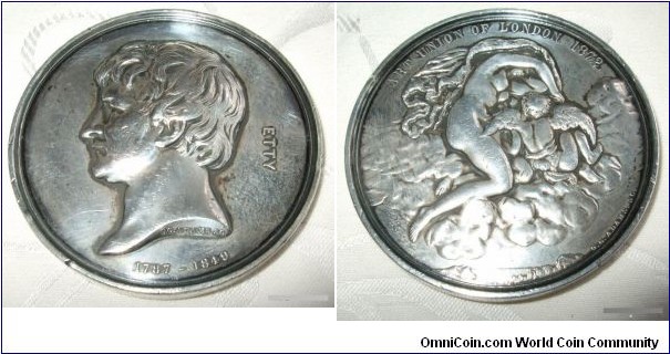 1872 UK Art Union Of London ETTY medal by G.G. Adams. Silver: 56 MM. 30 strunked in 1872 & 6 in 1873.
Obv: The Portrait of William Etty to left (Based on a self-portrait in The Manchester City Art Gallery). Legend ETTY 1787 - 1849 Signed G.G. ADAMS. 
Obv: The Portrait of William Etty to left (Based on a self-portrait in The Manchester City Art Gallery). Legend ETTY 1787 - 1849 Signed G.G. ADAMS. Obv:  