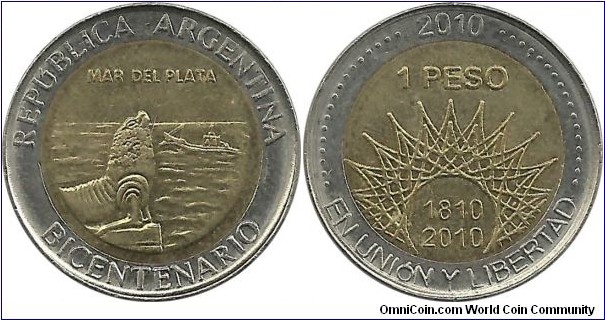 Argentina 1 Peso 2010 - Bicentennial of Republic - Mar Del Plata