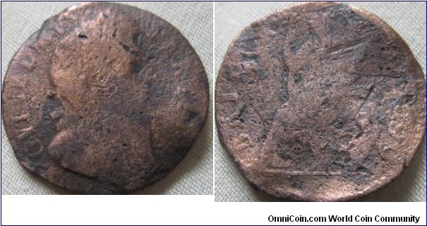 1699 farthing, date in Legend, bit bent and polished but clear detail in places