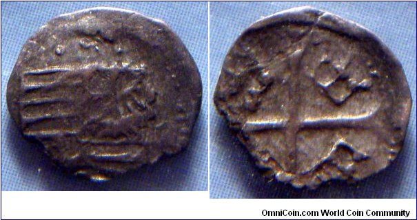 Hungary | 
1 Parvus, 1387-1437 | 
10.1 mm, 0.13 gr. | 
Silver | 

Obverse: National Coat of Arms | 
Lettering: V S R | 

Reverse: Cross divides four crowns |
