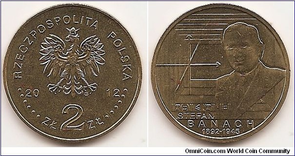 2 Zlote
Y#817
8.1500 g., Brass, 27 mm. Subject: STEFAN BANACH Obv: Image of the Eagle established as the State Emblem of the Republic of Poland, at the sides of the Eagle the notation of the year of issue, 20-12, underneath the Eagle, an inscription, ZŁ 2 ZŁ, in the rim an inscription: RZECZPOSPOLITA POLSKA, preceded and followed by six pearls. The Mint’s mark under the Eagle’s left leg: M/W Rev: In the centre, a stylised bust of Stefan Banach. On the left, a graph of linear operator. Below, an inequality characterising a condition concerning linear operators in Banach spaces. Underneath, an inscription: STEFAN/BANACH. At the bottom, an inscription: 1892-1945.  Edge: : An inscription, NBP, eight times repeated, every second one inverted by 180 degrees, separated by stars. Obv. designer: Ewa Tyc-Karpińska Rev. designer: Robert Kotowicz