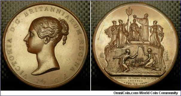 1838 UK Victoria Coronation Medal by G.R. Collis. Bronze: 74MM
Obv: Portrait of Young Victoria, facing left, with her hair in her familiar 