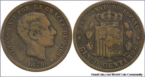 Spain 5 Centimos 1879
