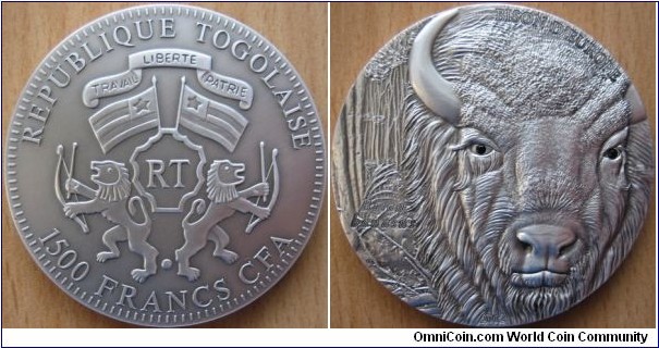 1500 Francs CFA - Europe bison - 2 oz 0.999 silver antique finish (with two Swarovski crystals) - mintage 999 pcs only