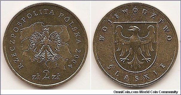 2 Zlote
Y#493
8.1500 g., Brass, 27 mm. Subject: Voivodships' arms Obv: National arms on outlined map. Obv. Legend: RZECZPOSPOLITA POLSKA The Mint's mark, M/W, under the Eagle's left leg. Rev: Region arms. Rev. Legend: WOJEWODZTWO ŚLĄSKIE Edge: : An inscription, NBP, eight times repeated, every second one inverted by 180 degrees, separated by stars. Obv. designer: Urszula Walerzak Rev. designer: Ewa Olszewska-Borys