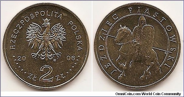 2 Zlote
Y#576
8.1500 g., Brass, 27 mm. Subject: History of the Polish Cavalry Obv: : An image of the Eagle established as the State Emblem of the Republic of Poland; on the sides of the Eagle the notation of the year of issue, 20-09; below the Eagle an inscription, ZŁ 2 ZŁ, in the rim an inscription, RZECZPOSPOLITA POLSKA, preceded and followed by six pearls. The Mint’s mark: M/W, under the Eagle’s left leg Rev: In the centre, a stylised image of an armoured mounted sergeant armed with a spear, a sword and a shield. A circumscription: JEŹDZIEC PIASTOWSKI (the Piast Horseman). Edge: The inscription, NBP, repeated eight times, every second one inverted by 180 degrees, separated by stars. Designer: Ewa Tyc-KarpińsKa