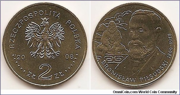2 Zlote
Y#648
8.1500 g., Brass, 27 mm. Subject: Polish Travellers and Explorers Obv: An image of the eagle established as the state emblem of the republic of Poland. On the sides of the Eagle, the notation of the year of issue: 20-08; below the Eagle, an inscription: ZŁ 2 ZŁ. In the rim, an inscription: RZECZPOSPOLITA POLSKA (Republic of Poland), preceded and followed by six pearls. The Mint’s mark: M/W, under the Eagle’s left leg Rev: : On the right-hand side, a stylised image of Bronisław Piłsudski’s bust. On the left-hand side, a figure of a seated man in Ainu costume against the background of stylised images of mountains. Below the figure, a stylised fragment of an ornament from Ainu costume. At the bottom, a semi-circular inscription: BRONISŁAW PIŁSUDSKI 1866-1918 Edge: An inscription, NBP, repeated eight times, every second one inverted by 180 degrees, separated by stars. Obv. designer: Ewa Tyc-Karpińska Rev. designer: Roussanka Nowakowska