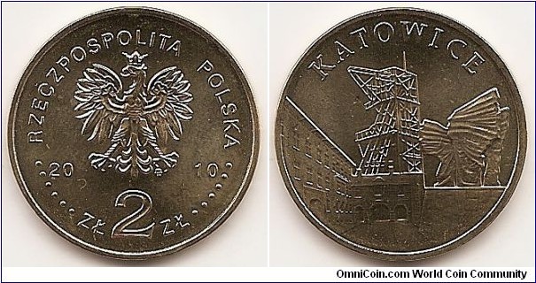 2 Zlote
Y#761
8.1500 g., Brass, 27 mm. Subject: Towns in Poland Obv: An image of the Eagle established as the state emblem of the Republic of Poland. On the sides of the Eagle, the notation of the year of issue: 20-10. Below the Eagle, an inscription: ZŁ 2 ZŁ. In the rim, an inscription: RZECZPOSPOLITA POLSKA (Republic of Poland), preceded and followed by six pearls. The mint’s mark: M/W, under the Eagle’s left leg above value Rev: At the bottom and on the left, an image of a view of the historical mining settlement Nikiszowiec in Katowice. In the background, an image of a minelift. On the right, an image of the monument to the Silesian Insurgents in Katowice. Above, a semicircular inscription: KATOWICE. Edge: The inscription: NBP, repeated eight times, every second one inverted by 180 degrees, separated with stars. Obv. Designer: Ewa Tyc-Karpińska Rev. Designer:  Roussanka Nowakowska