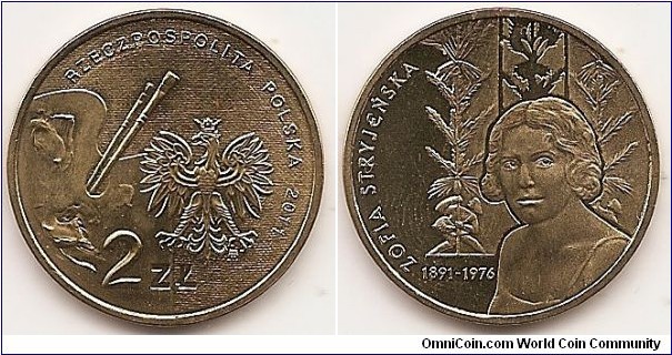2 Zlote
Y#764
8.1500 g., Brass, 27 mm. Subject: Polish Painters of the Turn of 19th & 20th Centuries Obv: An image of the Eagle established as the State Emblem of the Republic of Poland. On the left side, a palette and two paintbrushes. At the bottom, an inscription, 2 ZŁ, at the top, a semicircular inscription, RZECZPOSPOLITA POLSKA (Republic of Poland) and a notation of the year of issue, 2011. The Mint’s mark under the Eagle’s left leg, M/W Rev: Stylised image of a bust of zofia Stryjeńska against the background of stylised fragment of a painting. Along the left rim, inscription:  ZOFIA STRYJEŃSKA. At the bottom, inscription: 1891–1976. Edge: : An inscription, NBP, eight times repeated, every second one inverted by 180 degrees, separated by stars. Obv. designer: Ewa Tyc-Karpińska Rev. designer: Urszula Walerzak