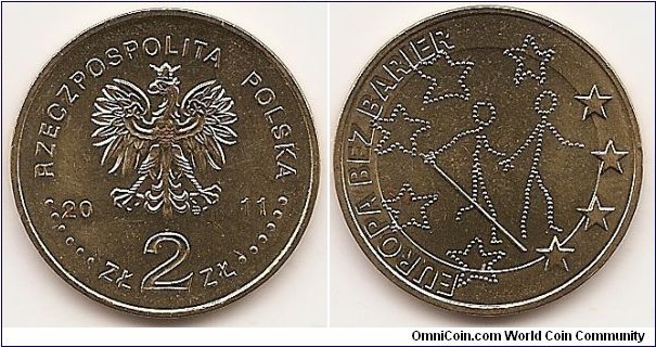 2 Zlote
Y#795
8.1500 g., Brass, 27 mm. Subject: 95th Anniversary of the Birth of rev. Jan Twardowski Obv: Image of the Eagle established as the State Emblem of the Republic of Poland, at the sides of the Eagle the notation of the year of issue, 20-11, underneath the Eagle, an inscription, ZŁ 2 ZŁ, in the rim an inscription: RZECZPOSPOLITA POLSKA, preceded and followed by six pearls. The Mint’s mark under the Eagle’s left leg: M/W Rev: : In the centre, on an isolated area, stylised silhouettes of two people, one of whom is holding a blind person’s cane. Around the people stylised images of nine stars. On the left, on an isolated area, semi-circular inscription: EUROPA BEZ BARIER (Europe Without Barriers). Edge: An inscription, NBP, eight times repeated, every second one inverted by 180 degrees, separated by stars. Obv. designer: Ewa Tyc-Karpińska Rev. designer: Dobrochna Surajewska