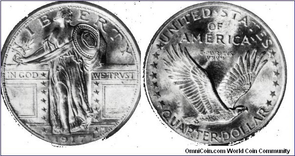 Quarter Standing Liberty design type I - first year. Liberty's breast undraped. Graded NGC66 not quite full head. This design was changed very shortly after release due to public unease with the display of liberty's uncovered breast. The revised design, type II, covered Liberty with armor.

This coin exhibits full details everywhere except for the head where a slight scuff has obscured the full head resulting in NGC not grading it 