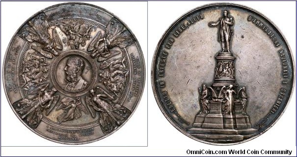 1875 Austria Empire of Austria Franz Joseph I (1848-1916) a.d. Erection of the monument to Archduke Maximilian,  (1832-1867 Emperor of Mexico, brother of Emperor Franz Joseph) in Trieste Medal by Joh. Schilling and Josef Tautenhayn . Silver: 70MM./134.86 gms.
Obv: Bust of Archduke Maximilian surrounded by Allegorical figures. Rev: Monument in Trieste. Legend ERETT IN TRIESTE PER LIBERALITA, D'AMNIRATORI NAZIONALI E STRANIERI, signed JOH.SCHILLING INV, J TAUTENHAYN INC.
