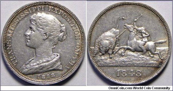 1898 USA Omaha, Nebraska Trans-Mississippi Exposition Medal. Silver: 34MM.
Obv: Bust of Mississippi Beauty to left, legend TRANS-MISSISSIPPI EXPOSITION OMAHA 1898. Rev: Mounted Indian spearing a Baffelo. Exergue 1848.
