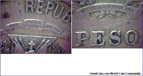 Dominican Republic 1 Peso 1992, arms details.