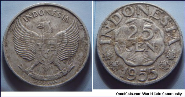 Indonesia | 
25 Sen, 1955 | 
26.06 mm, 2.18 gr. | 
Aluminium | 

Obverse: National Coat of Arms | 
Lettering: INDONESIA | 

Reverse: Denomination, date below | 
Lettering: INDONESIA 25 SEN 1955 |