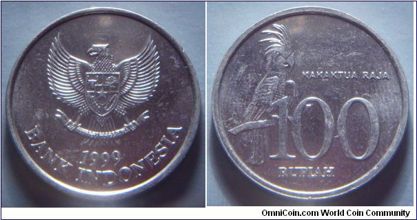 Indonesia | 
100 Rupiah, 1999 | 
23 mm, 1.79 gr. | 
Aluminium | 

Obverse: National Coat of Arms, date below | 
Lettering: 1999 BANK INDONESIA |  

Reverse: Black Palm Cockatoo, denomination below | 
Lettering: KAKAKTUA RAJA 100 RUPIAH |