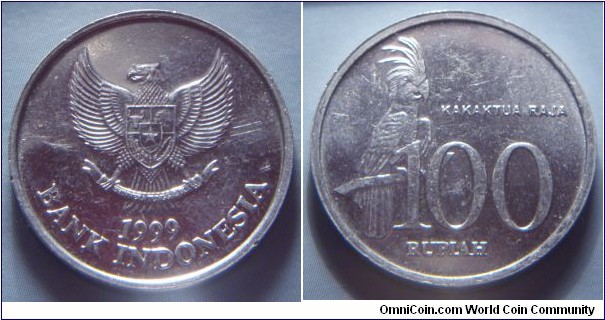 Indonesia | 
100 Rupiah, 1999 | 
23 mm, 1.79 gr. | 
Aluminium | 

Obverse: National Coat of Arms, date below | 
Lettering: 1999 BANK INDONESIA |  

Reverse: Black Palm Cockatoo, denomination below | 
Lettering: KAKAKTUA RAJA 100 RUPIAH |