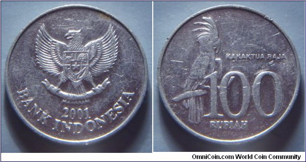 Indonesia | 
100 Rupiah, 2001 | 
23 mm, 1.79 gr. | 
Aluminium | 

Obverse: National Coat of Arms, date below | 
Lettering: 2001 BANK INDONESIA |  

Reverse: Black Palm Cockatoo, denomination below | 
Lettering: KAKAKTUA RAJA 100 RUPIAH |