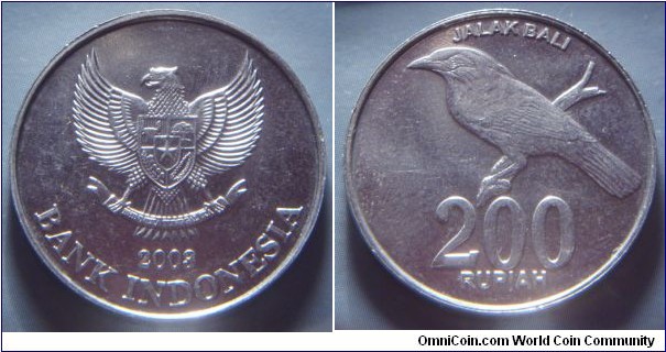 Indonesia | 
200 Rupiah, 2003 | 
25 mm, 2.38 gr. | 
Aluminium | 

Obverse: National Coat of Arms, date below | 
Lettering: 2003 BANK INDONESIA |  

Reverse: Bali Starling bird on a branch, denomination below | 
Lettering: JALAK BALI 200 RUPIAH |