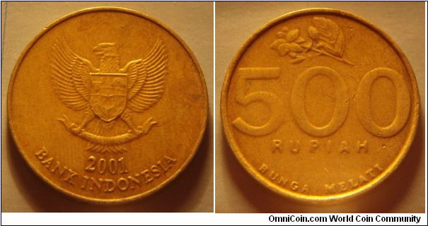 Indonesia | 
500 Rupiah, 2001 | 
24 mm, 5.32 gr. | 
Aluminium-bronze | 

Obverse: National Coat of Arms, date below | 
Lettering: 2001 BANK INDONESIA |  

Reverse: Jasmine flower, denomination below | 
Lettering: 500 RUPIAH BUNGA MELATI |
