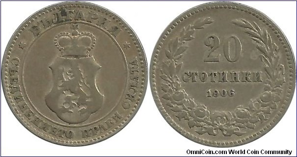 Bulgaria-Kingdom 20 Stotinki 1906