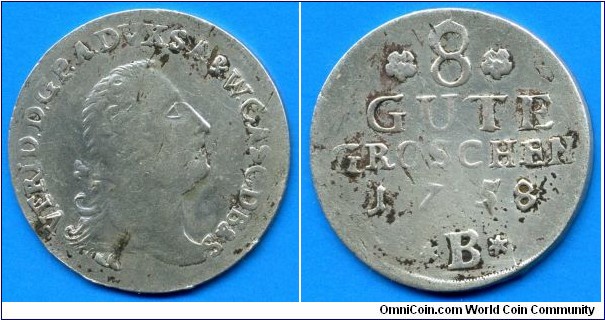 8 Gute Groschen (1/3 Thaler).
Anhalt-Bernburg.
Victor II Friedrich (1721-1765).
*B* Breslau mint.


Ag.