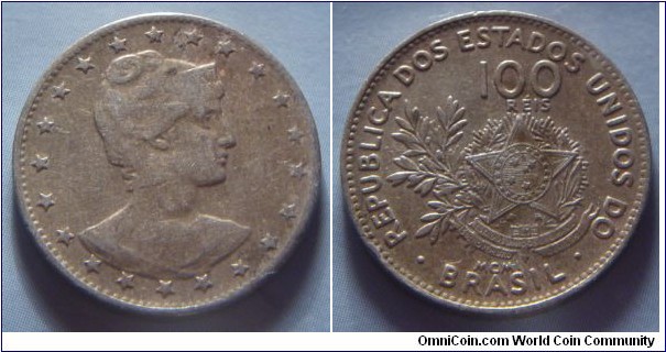 Brazil | 
100 Réis, 1901 | 
21 mm, 5 gr. | 
Copper-nickel | 

Obverse: Head of Liberty facing right | 

Reverse: National Coat of Arms, denomination above, date below | 
Lettering: • REPUBLICA DOS ESTADOS UNIDOS DO • BRASIL 100 RÉIS MCMI |
