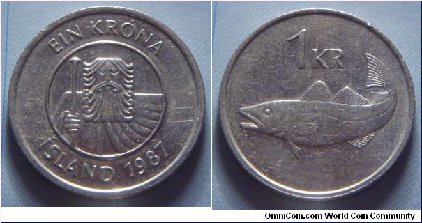 Iceland | 
1 Króna, 1987 | 
21.5 mm, 4.5 gr. | 
Copper-nickel | 

Obverse: 