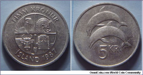 Iceland | 
5 Krónur, 1987 | 
24.5 mm, 6.5 gr. | 
Copper-nickel | 

Obverse: Square with the four guardian spirits, or 