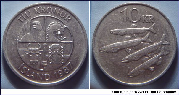 Iceland | 
10 Krónur, 1987 | 
27.5 mm, 8 gr. | 
Copper-nickel | 

Obverse: Square with the four guardian spirits, or 