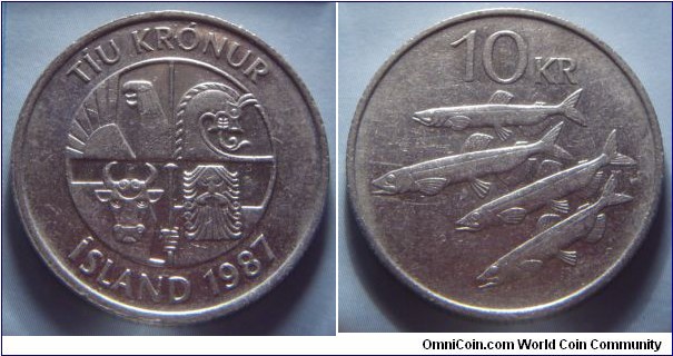 Iceland | 
10 Krónur, 1987 | 
27.5 mm, 8 gr. | 
Copper-nickel | 

Obverse: Square with the four guardian spirits, or 