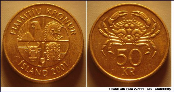 Iceland | 
50 Krónur, 2001 | 
23 mm, 8.25 gr. | 
Nickel-brass | 

Obverse: Square with the four guardian spirits, or 