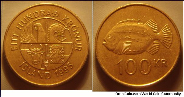 Iceland | 
100 Krónur, 1995 | 
25.5 mm, 8.5 gr. | 
Nickel-brass | 

Obverse: Square with the four guardian spirits, or 