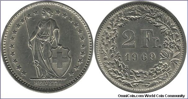 Switzerland 2 Francs 1969B