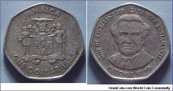 Jamaica | 
1 Dollar, 1995 | 
18.5 mm, 2.9 gr. | 
Nickel plates Steel | 

Obverse: National Coat of Arms, denomination and date below | 
Lettering: JAMAICA ONE DOLLAR 1995 | 

Reverse: Jamaican politician and labour leader Sir Alexander Bustamante | 
Lettering: THE RT. EXCELLENT SIR ALEXANDER BUSTAMANTE NATIONAL HERO |