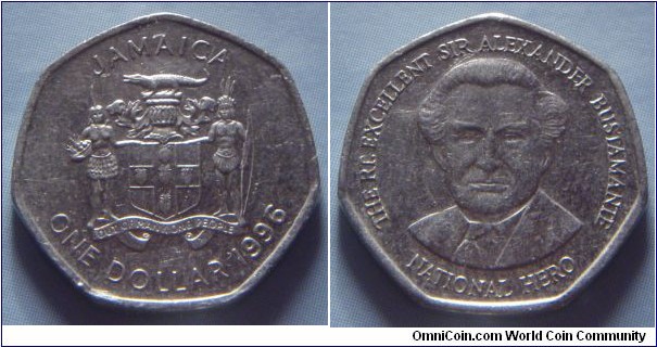 Jamaica | 
1 Dollar, 1996 | 
18.5 mm, 2.9 gr. | 
Nickel plates Steel | 

Obverse: National Coat of Arms, denomination and date below | 
Lettering: JAMAICA ONE DOLLAR 1996 | 

Reverse: Jamaican politician and labour leader Sir Alexander Bustamante | 
Lettering: THE RT. EXCELLENT SIR ALEXANDER BUSTAMANTE NATIONAL HERO |
