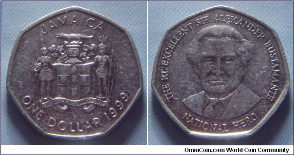 Jamaica | 
1 Dollar, 1999 | 
18.5 mm, 2.9 gr. | 
Nickel plates Steel | 

Obverse: National Coat of Arms, denomination and date below | 
Lettering: JAMAICA ONE DOLLAR 1999 | 

Reverse: Jamaican politician and labour leader Sir Alexander Bustamante | 
Lettering: THE RT. EXCELLENT SIR ALEXANDER BUSTAMANTE NATIONAL HERO |