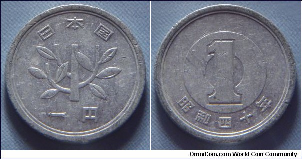 Japan | 
1 Yen, 1965 | 
20 mm, 1 gr. | 
Aluminium | 

Obverse: Sapling, denomination below | 
Lettering: 日本国 一円 | 

Reverse: Denomination, date below | 
Lettering: 1 昭和四十年|