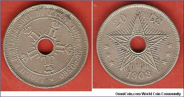 Congo Free State. 20 Centimes 1908 in copper-nickel. Struck in the name of king Leopold II, king of Belgium ans Sovereign of the Congo Free State.