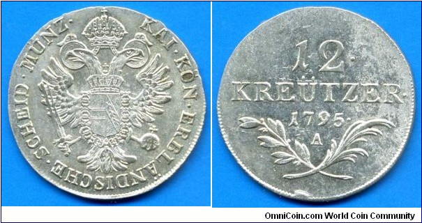 12 kreutzer.
Austrian ancestral lands.
Franc II (1792-1806) Emperor of Holy Roman Empire.
*A* - Wien mint.


Ag250f. 4,68gr.