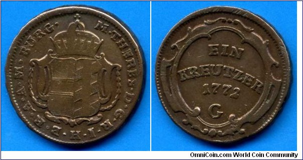 1 kreutzer.
Burgau.
Maria Theresia (1745-1780), Empress of Holy Roman Empire.
*G* - Gunzburg mint.


Cu.