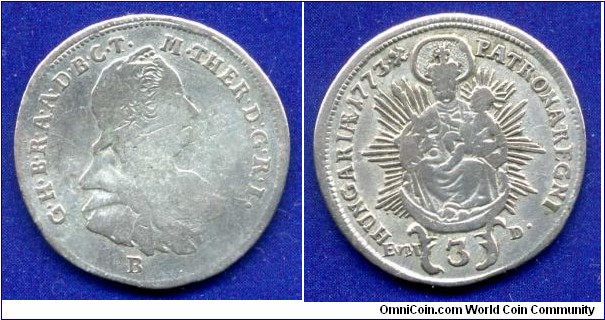 3 kreutzer.
Kingdom of Hungary.
Maqria Theresia (1740-1780), Queen of Hungary & Empress of Holy Roman Empire (1745-1780).
*KB* - Kremnitz mint.


Ag344f. 1,7gr.