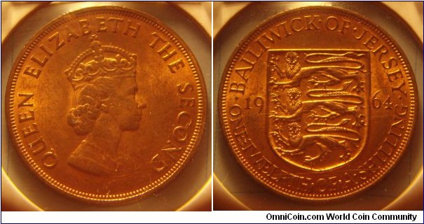 Jersey | 
1/12 Shilling, 1964 | 
30.8 mm, 9.5 gr. | 
Bronze | 

Obverse: Queen Elizabeth II facing right | 
Lettering: QUEEN ELIZABETH THE SECOND | 

Reverse: National Coat of Arms divide date, denomination below | 
Lettering: •BAILIWICK•OF•JERSEY•ONE•TWELFTHVOF•A•SHILLING 1964 |