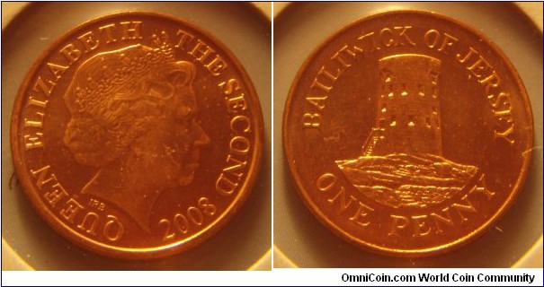 Jersey | 
1 Penny, 2008 | 
20.27 mm, 3.55 gr. | 
Copper plated Steel | 

Obverse: Queen Elizabeth II facing right, date below | 
Lettering: QUEEN ELIZABETH THE SECOND 2008 | 

Reverse: Le Hocq Tower, denomination below | 
Lettering: BAILIWICK OF JERSEY ONE PENNY |