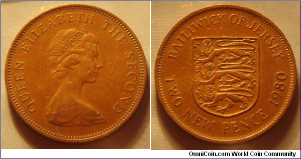 Jersey | 
2 New Pence, 1980 | 
25.91 mm, 7.21 gr. | 
Bronze | 

Obverse: Queen Elizabeth II facing right | 
Lettering: QUEEN ELIZABETH THE SECOND | 

Reverse: National Coat of Arms, denomination and date below | 
Lettering: BAILIWICK OF JERSEY TWO NEW PENCE 1980 |
