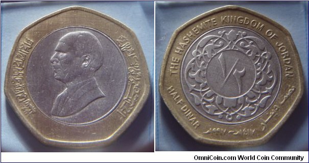 Jordan | 
½ Dinar, 1997 (1417) | 
29 mm, 9.6 gr. | 
Bi-metallic: Copper-nickel centre in Aluminium-bronze ring | 

Obverse: King Hussein II Ibn Talal facing right | 
Lettering: الحسين بن طلال ملك المملكة الأردنية الهاشمية | 

Reverse: Denomination, date below | 
Lettering: THE HASHEMITE KINGDOM OF JORDAN ١/٢ HALF DINAR ١٤١٧ھ-١٩٩٧م نصف دينا |