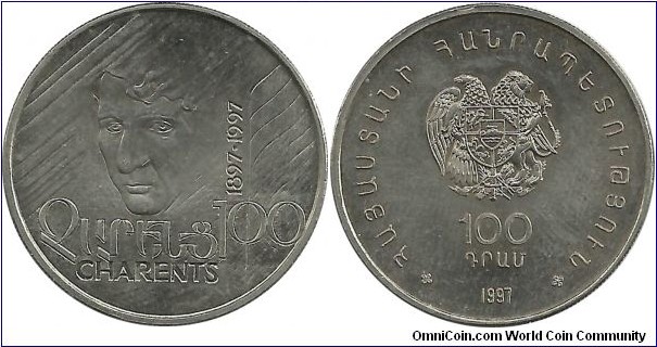 Armenia 100 Dram 1997-Centennary of Y.Charents