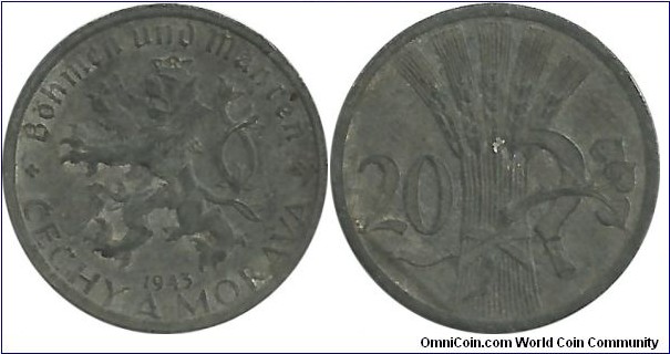 Bohemia and Moravia 20 Haler 1943 (Nazi satellite state)